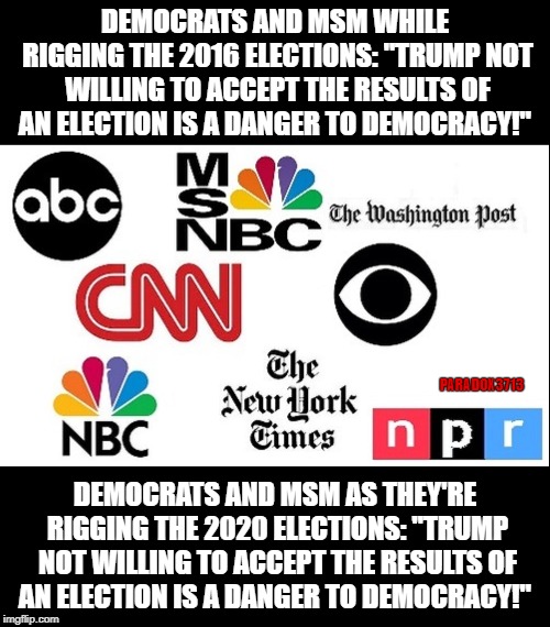 Is there a pattern emerging here?  Are Democrats projecting their Endgame? | DEMOCRATS AND MSM WHILE RIGGING THE 2016 ELECTIONS: "TRUMP NOT WILLING TO ACCEPT THE RESULTS OF AN ELECTION IS A DANGER TO DEMOCRACY!"; PARADOX3713; DEMOCRATS AND MSM AS THEY'RE RIGGING THE 2020 ELECTIONS: "TRUMP NOT WILLING TO ACCEPT THE RESULTS OF AN ELECTION IS A DANGER TO DEMOCRACY!" | image tagged in memes,democrats,cnn,msnbc,washington post,new york times | made w/ Imgflip meme maker