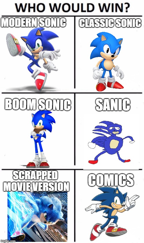 CLASSIC SONIC; MODERN SONIC; BOOM SONIC; SANIC; SCRAPPED MOVIE VERSION; COMICS | image tagged in memes,who would win | made w/ Imgflip meme maker