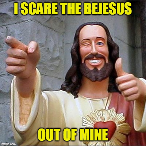 Buddy Christ Meme | I SCARE THE BEJESUS OUT OF MINE | image tagged in memes,buddy christ | made w/ Imgflip meme maker
