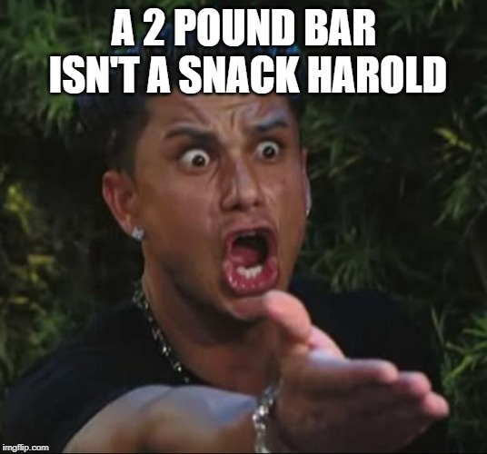 DJ Pauly D Meme | A 2 POUND BAR ISN'T A SNACK HAROLD | image tagged in memes,dj pauly d | made w/ Imgflip meme maker