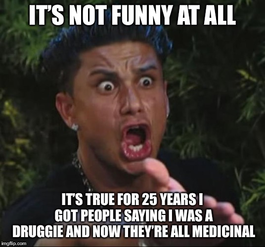 DJ Pauly D Meme | IT’S NOT FUNNY AT ALL IT’S TRUE FOR 25 YEARS I GOT PEOPLE SAYING I WAS A DRUGGIE AND NOW THEY’RE ALL MEDICINAL | image tagged in memes,dj pauly d | made w/ Imgflip meme maker