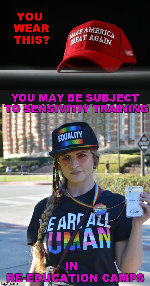 Survey: UCLA students support mandatory re-education of Conservatives | YOU WEAR THIS? YOU MAY BE SUBJECT TO SENSIVITIY TRAINING; IN       RE-EDUCATION CAMPS | image tagged in college liberal re-education,maga hat dark background,memes | made w/ Imgflip meme maker