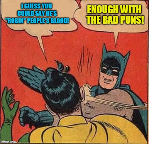 Batman Slapping Robin Meme | I GUESS YOU COULD SAY HE'S "ROBIN" PEOPLE'S BLOOD! ENOUGH WITH THE BAD PUNS! | image tagged in memes,batman slapping robin | made w/ Imgflip meme maker