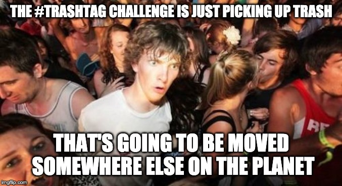 Sudden Clarity Clarence Meme | THE #TRASHTAG CHALLENGE IS JUST PICKING UP TRASH; THAT'S GOING TO BE MOVED SOMEWHERE ELSE ON THE PLANET | image tagged in memes,sudden clarity clarence,AdviceAnimals | made w/ Imgflip meme maker