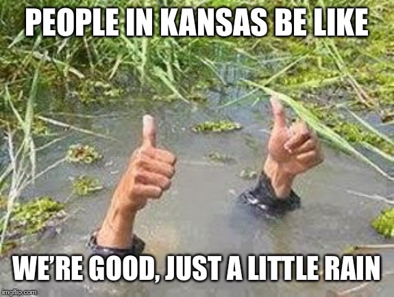 FLOODING THUMBS UP | PEOPLE IN KANSAS BE LIKE; WE’RE GOOD, JUST A LITTLE RAIN | image tagged in flooding thumbs up | made w/ Imgflip meme maker
