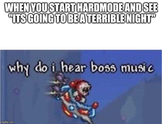 why do i hear boss music | WHEN YOU START HARDMODE AND SEE ''ITS GOING TO BE A TERRIBLE NIGHT'' | image tagged in why do i hear boss music | made w/ Imgflip meme maker