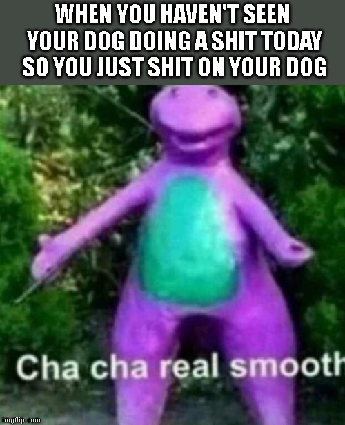 me when me | WHEN YOU HAVEN'T SEEN YOUR DOG DOING A SHIT TODAY SO YOU JUST SHIT ON YOUR DOG | image tagged in cha cha real smooth,memes,meme,funny,barney,dank memes | made w/ Imgflip meme maker