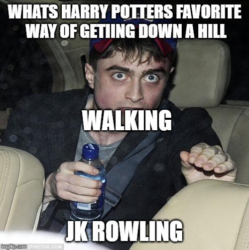harry potter crazy |  WHATS HARRY POTTERS FAVORITE WAY OF GETIING DOWN A HILL; WALKING; JK ROWLING | image tagged in harry potter crazy | made w/ Imgflip meme maker