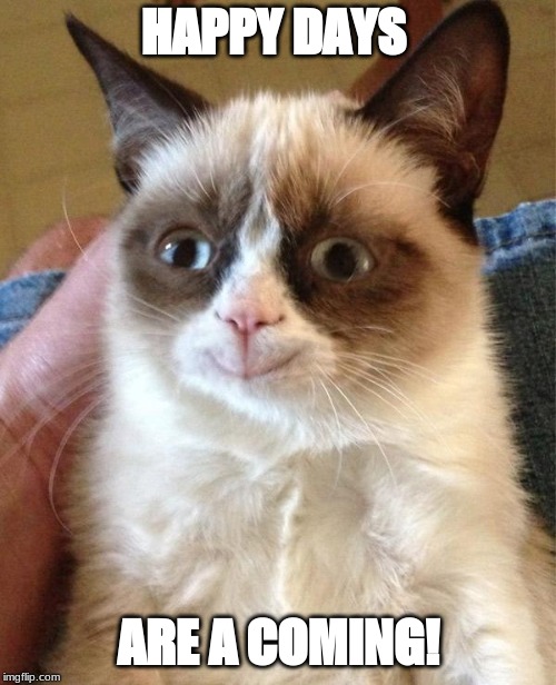 Grumpy Cat Happy | HAPPY DAYS; ARE A COMING! | image tagged in memes,grumpy cat happy,grumpy cat | made w/ Imgflip meme maker