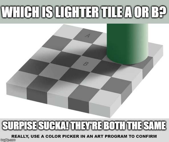 It really doesn't look like it but trust me it's true! |  WHICH IS LIGHTER TILE A OR B? SURPISE SUCKA! THEY'RE BOTH THE SAME; REALLY, USE A COLOR PICKER IN AN ART PROGRAM TO CONFIRM | image tagged in memes,optical illusion,grey | made w/ Imgflip meme maker
