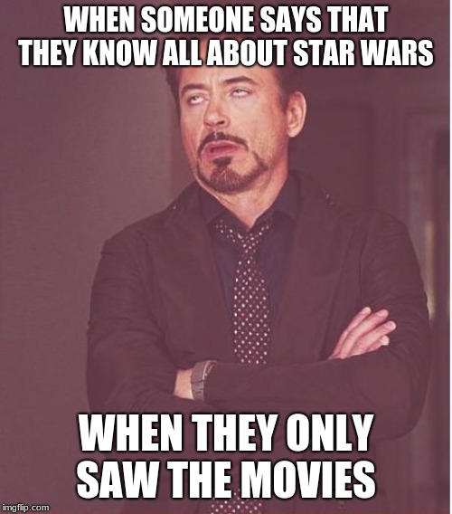 Face You Make Robert Downey Jr | WHEN SOMEONE SAYS THAT THEY KNOW ALL ABOUT STAR WARS; WHEN THEY ONLY SAW THE MOVIES | image tagged in memes,face you make robert downey jr | made w/ Imgflip meme maker