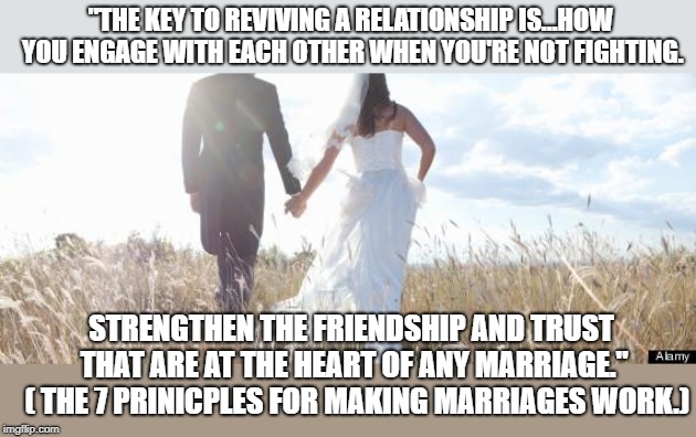 Marriage | "THE KEY TO REVIVING A RELATIONSHIP IS...HOW YOU ENGAGE WITH EACH OTHER WHEN YOU'RE NOT FIGHTING. STRENGTHEN THE FRIENDSHIP AND TRUST THAT ARE AT THE HEART OF ANY MARRIAGE." 
( THE 7 PRINICPLES FOR MAKING MARRIAGES WORK.) | image tagged in marriage | made w/ Imgflip meme maker