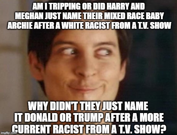 Why not just name the royal baby after Trump? | AM I TRIPPING OR DID HARRY AND MEGHAN JUST NAME THEIR MIXED RACE BABY ARCHIE AFTER A WHITE RACIST FROM A T.V. SHOW; WHY DIDN'T THEY JUST NAME IT DONALD OR TRUMP AFTER A MORE CURRENT RACIST FROM A T.V. SHOW? | image tagged in memes,royal baby,royal family,archie bunker,donald trump | made w/ Imgflip meme maker