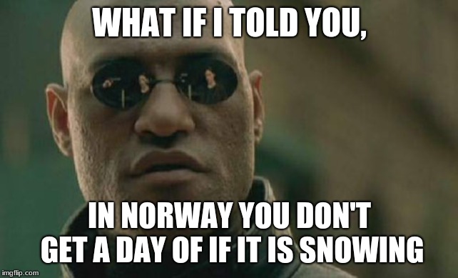 Matrix Morpheus | WHAT IF I TOLD YOU, IN NORWAY YOU DON'T GET A DAY OF IF IT IS SNOWING | image tagged in memes,matrix morpheus | made w/ Imgflip meme maker