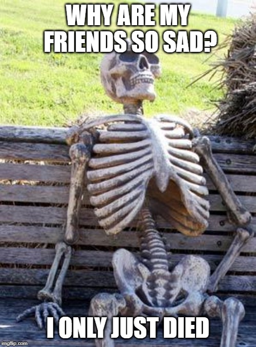 Waiting Skeleton | WHY ARE MY FRIENDS SO SAD? I ONLY JUST DIED | image tagged in memes,waiting skeleton | made w/ Imgflip meme maker