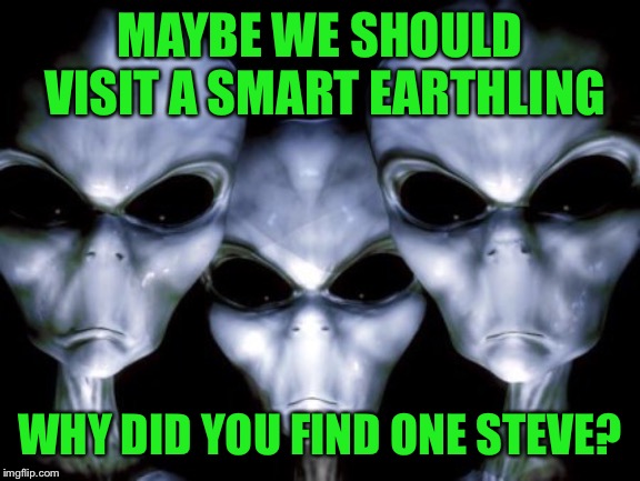 Angry aliens | MAYBE WE SHOULD VISIT A SMART EARTHLING; WHY DID YOU FIND ONE STEVE? | image tagged in angry aliens | made w/ Imgflip meme maker