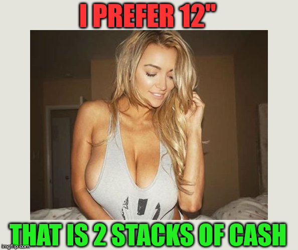 I PREFER 12" THAT IS 2 STACKS OF CASH | image tagged in hot girl | made w/ Imgflip meme maker