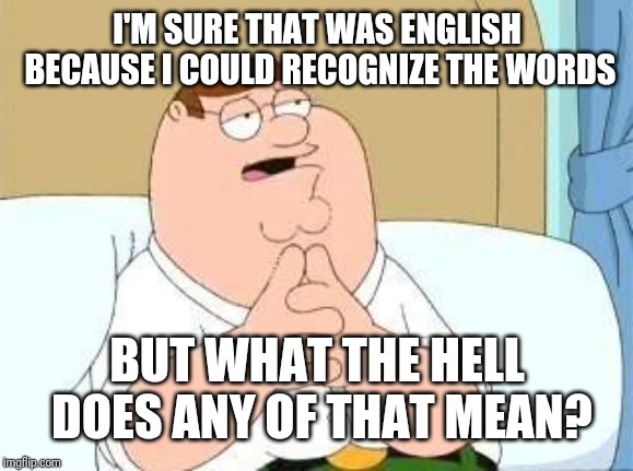 peter griffin go on | I'M SURE THAT WAS ENGLISH BECAUSE I COULD RECOGNIZE THE WORDS BUT WHAT THE HELL DOES ANY OF THAT MEAN? | image tagged in peter griffin go on | made w/ Imgflip meme maker