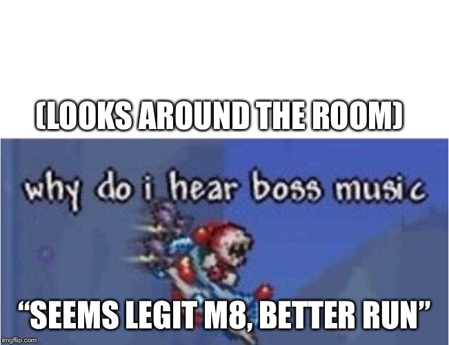 why do i hear boss music | (LOOKS AROUND THE ROOM) “SEEMS LEGIT M8, BETTER RUN” | image tagged in why do i hear boss music | made w/ Imgflip meme maker