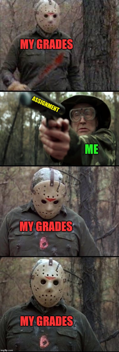 X Vs Y | MY GRADES; ASSIGNMENT; ME; MY GRADES; MY GRADES | image tagged in x vs y | made w/ Imgflip meme maker