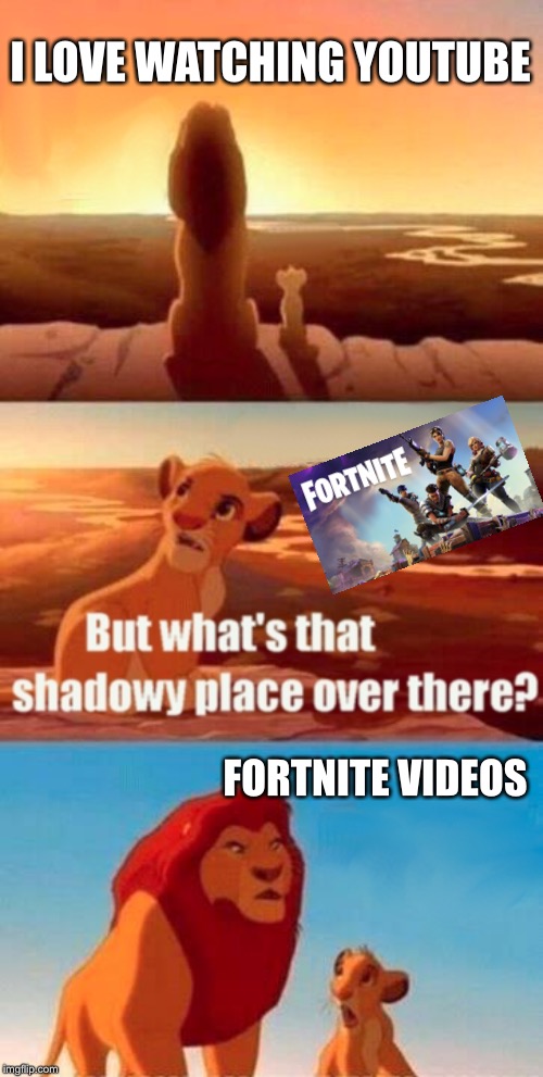 Simba Shadowy Place | I LOVE WATCHING YOUTUBE; FORTNITE VIDEOS | image tagged in memes,simba shadowy place | made w/ Imgflip meme maker
