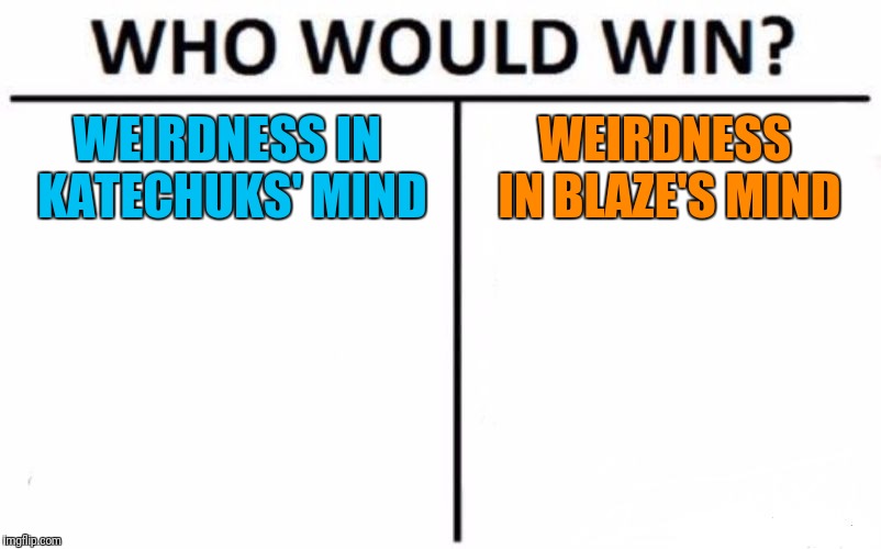 Who Would Win? Meme | WEIRDNESS IN KATECHUKS' MIND WEIRDNESS IN BLAZE'S MIND | image tagged in memes,who would win | made w/ Imgflip meme maker