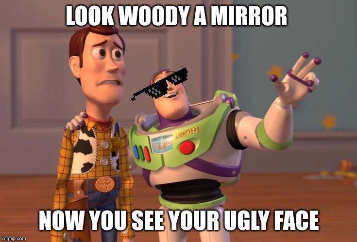 X, X Everywhere | LOOK WOODY A MIRROR; NOW YOU SEE YOUR UGLY FACE | image tagged in memes,x x everywhere | made w/ Imgflip meme maker