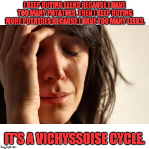 First World Problems Meme | I KEEP BUYING LEEKS BECAUSE I HAVE TOO MANY POTATOES. THEN I KEEP BUYING MORE POTATOES BECAUSE I HAVE TOO MANY LEEKS. IT'S A VICHYSSOISE CYCLE. | image tagged in memes,first world problems | made w/ Imgflip meme maker