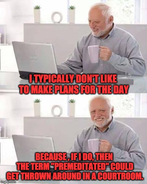 Hide the Pain Harold Meme | I TYPICALLY DON'T LIKE TO MAKE PLANS FOR THE DAY; BECAUSE , IF I DO, THEN THE TERM "PREMEDITATED" COULD GET THROWN AROUND IN A COURTROOM. | image tagged in memes,hide the pain harold | made w/ Imgflip meme maker