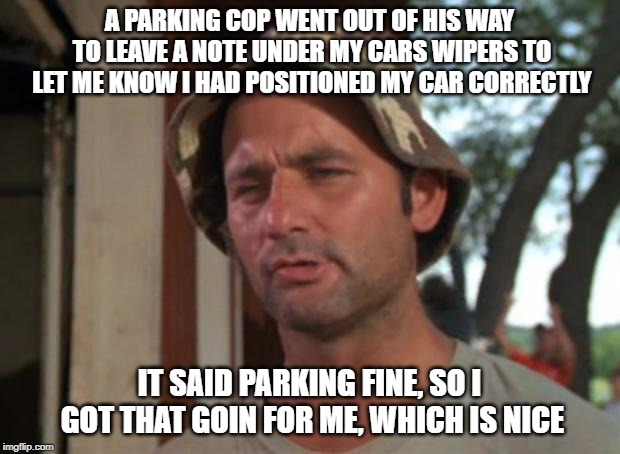 So I Got That Goin For Me Which Is Nice | A PARKING COP WENT OUT OF HIS WAY TO LEAVE A NOTE UNDER MY CARS WIPERS TO LET ME KNOW I HAD POSITIONED MY CAR CORRECTLY; IT SAID PARKING FINE, SO I GOT THAT GOIN FOR ME, WHICH IS NICE | image tagged in memes,so i got that goin for me which is nice | made w/ Imgflip meme maker