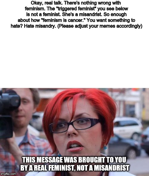 I mean come on | Okay, real talk. There's nothing wrong with feminism. The "triggered feminist" you see below is not a feminist. She's a misandrist. So enough about how "feminism is cancer." You want something to hate? Hate misandry. (Please adjust your memes accordingly); THIS MESSAGE WAS BROUGHT TO YOU BY A REAL FEMINIST, NOT A MISANDRIST | image tagged in angry feminist,misandry | made w/ Imgflip meme maker
