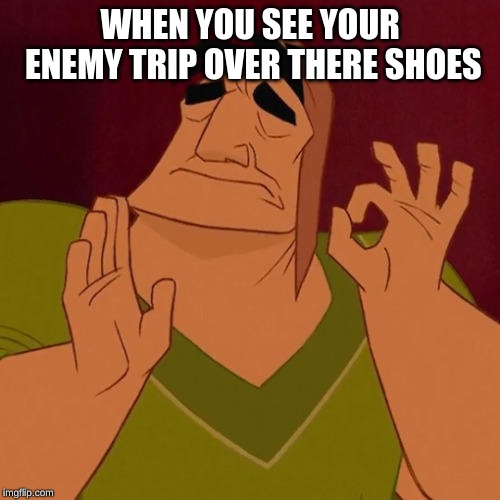 When X just right | WHEN YOU SEE YOUR ENEMY TRIP OVER THERE SHOES | image tagged in when x just right | made w/ Imgflip meme maker
