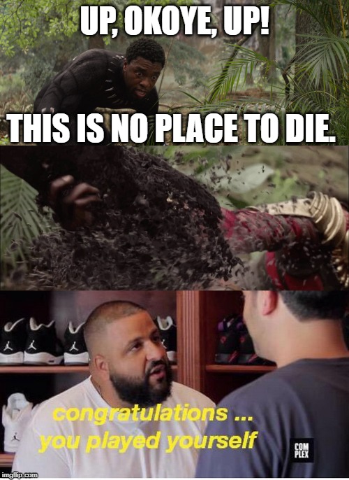 This is NOT an Endgame spoiler. You can rest now. | UP, OKOYE, UP! THIS IS NO PLACE TO DIE. | image tagged in avengers infinity war,infinity war,dj khaled,black panther,congratulations you played yourself | made w/ Imgflip meme maker