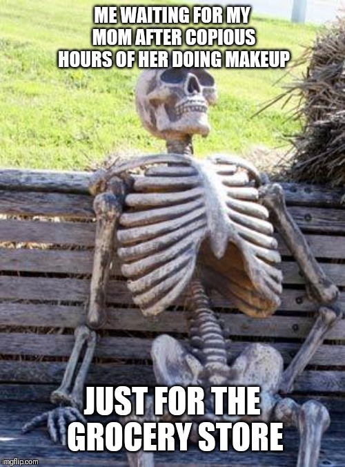 Waiting Skeleton Meme | ME WAITING FOR MY MOM AFTER COPIOUS HOURS OF HER DOING MAKEUP; JUST FOR THE GROCERY STORE | image tagged in memes,waiting skeleton | made w/ Imgflip meme maker