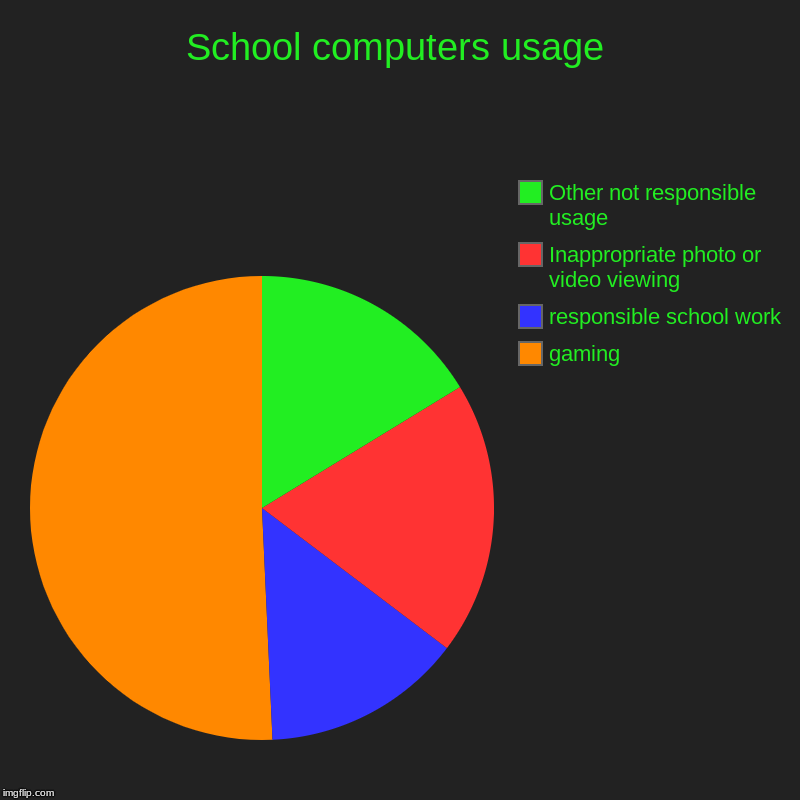 School computers usage | gaming, responsible school work, Inappropriate photo or video viewing, Other not responsible usage | image tagged in charts,pie charts | made w/ Imgflip chart maker