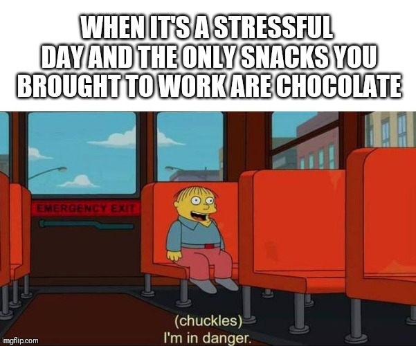 Nobody to blame but myself | WHEN IT'S A STRESSFUL DAY AND THE ONLY SNACKS YOU BROUGHT TO WORK ARE CHOCOLATE | image tagged in i'm in danger  blank place above,chocolate,work,stress,work stress,i'm in danger | made w/ Imgflip meme maker