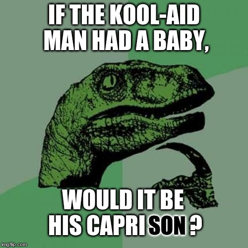 Wouldn't it? | IF THE KOOL-AID MAN HAD A BABY, WOULD IT BE HIS CAPRI          ? SON | image tagged in memes,philosoraptor | made w/ Imgflip meme maker