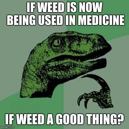 Philosoraptor | IF WEED IS NOW BEING USED IN MEDICINE; IF WEED A GOOD THING? | image tagged in memes,philosoraptor | made w/ Imgflip meme maker