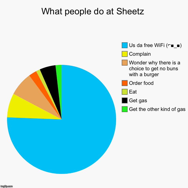 What people do at Sheetz | Get the other kind of gas, Get gas , Eat, Order food, Wonder why there is a choice to get no buns with a burger , | image tagged in charts,pie charts | made w/ Imgflip chart maker