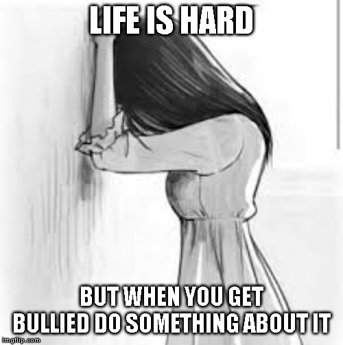 Sad anime | LIFE IS HARD; BUT WHEN YOU GET BULLIED DO SOMETHING ABOUT IT | image tagged in sad anime | made w/ Imgflip meme maker