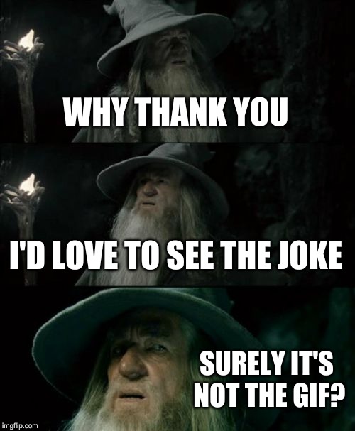 Confused Gandalf Meme | WHY THANK YOU I'D LOVE TO SEE THE JOKE SURELY IT'S NOT THE GIF? | image tagged in memes,confused gandalf | made w/ Imgflip meme maker
