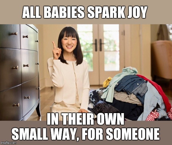 Marie Kondo Joy | ALL BABIES SPARK JOY IN THEIR OWN SMALL WAY, FOR SOMEONE | image tagged in marie kondo joy | made w/ Imgflip meme maker