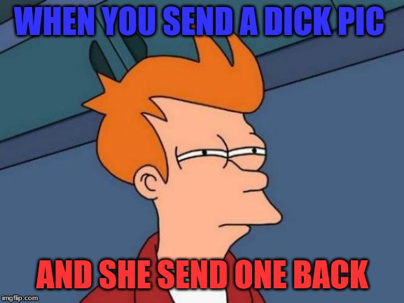 Futurama Fry | WHEN YOU SEND A DICK PIC; AND SHE SEND ONE BACK | image tagged in memes,futurama fry | made w/ Imgflip meme maker