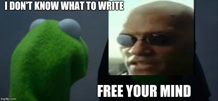 Evil Kermit | I DON'T KNOW WHAT TO WRITE; FREE YOUR MIND | image tagged in memes,evil kermit | made w/ Imgflip meme maker