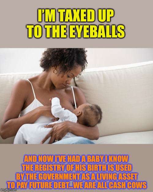 breastfeeding mum  | I’M TAXED UP TO THE EYEBALLS AND NOW I’VE HAD A BABY I KNOW THE REGISTRY OF HIS BIRTH IS USED BY THE GOVERNMENT AS A LIVING ASSET TO PAY FUT | image tagged in breastfeeding mum | made w/ Imgflip meme maker