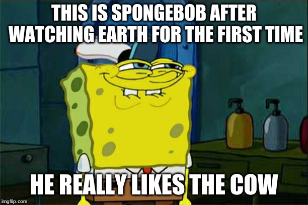 Don't You Squidward | THIS IS SPONGEBOB AFTER WATCHING EARTH FOR THE FIRST TIME; HE REALLY LIKES THE COW | image tagged in memes,dont you squidward | made w/ Imgflip meme maker
