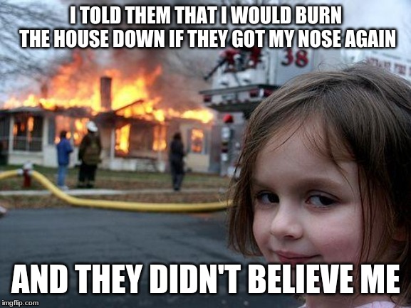 Disaster Girl Meme | I TOLD THEM THAT I WOULD BURN THE HOUSE DOWN IF THEY GOT MY NOSE AGAIN; AND THEY DIDN'T BELIEVE ME | image tagged in memes,disaster girl | made w/ Imgflip meme maker