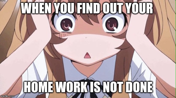 anime realization | WHEN YOU FIND OUT YOUR; HOME WORK IS NOT DONE | image tagged in anime realization | made w/ Imgflip meme maker