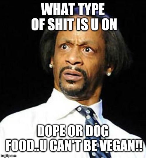 Jroc113 | WHAT TYPE OF SHIT IS U ON; DOPE OR DOG FOOD..U CAN'T BE VEGAN!! | image tagged in katt williams | made w/ Imgflip meme maker