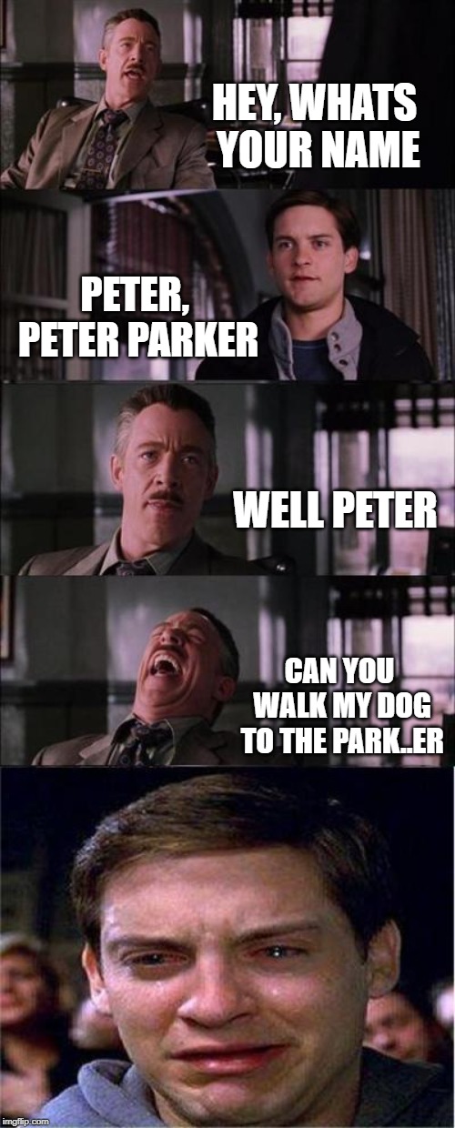 ha, parker | HEY, WHATS YOUR NAME; PETER, PETER PARKER; WELL PETER; CAN YOU WALK MY DOG TO THE PARK..ER | image tagged in memes,peter parker cry | made w/ Imgflip meme maker